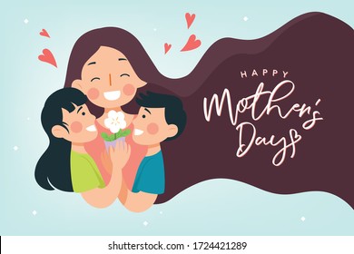 Happy Mother's Day Poster Flat Vector Illustration. Children boy and girl give cute flower to smiling happy beautiful Mom.