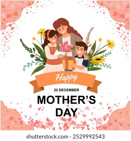 Happy mother's day poster. Mom and daughter in a garden surrounded by beautiful plants.