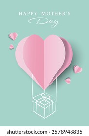 Happy Mothers Day Poster with Paper Cut Heart, Doodle Element and Modern Text. Happy Valentine's Day Card in Origami Style. Vector Illustration Minimalistic Greeting Card Happy Women's Day.