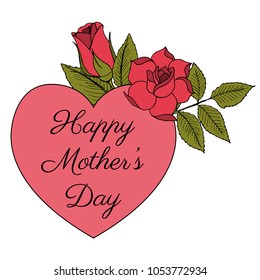 Happy Mother's day poster with pink roses made by trace from sketch. Ink pen. Vector illustration