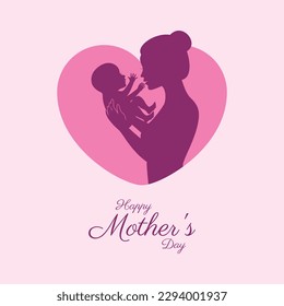 Happy Mother's Day poster with woman and baby in heart shape vector illustration. Woman holding a small newborn icon vector. Woman with baby silhouette design element. Mother hugging baby symbol