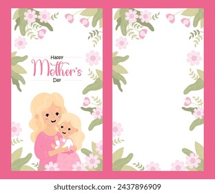 Happy Mother's Day posters. Cute blonde woman tenderly hugs her daughter on white background with pink flowers and leaves. Vertical isolated festive floral banners. Vector illustration .