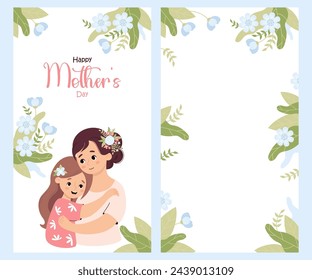 Afiches del Feliz Día de la Madre. Mujer linda tiernamente abraza a su hija sobre fondo blanco con flores y hojas azules. Banners florales festivos aislados verticales. Ilustración vectorial en estilo plano de dibujos animados.