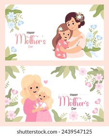 Afiches del Feliz Día de la Madre. Mujer rubia y morena linda tiernamente abraza a su hija en el fondo blanco con flores y hojas. Pancartas festivas aisladas horizontales. Ilustración vectorial.