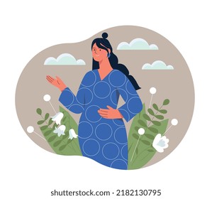 Happy mothers day. Pregnant woman standing among flowers. Poster or banner for website, greeting card for international holidays. Future mom, girl waiting child. Cartoon flat vector illustration