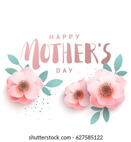 Happy Mother's Day Premium inscription lettering. Greeting card with anemones in bed colors. Vector illustration.