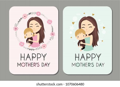 Happy mother's day. Pretty young mom with baby girl and boy.  Cute vector greeting cards . Holiday