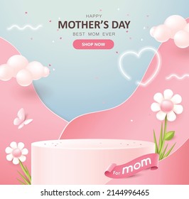 Happy Mothers day promotion poster banner background layout with product display cylindrical shape 