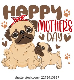 Happy Mother's day Pug Mom , Dogs mom and baby , Cute animals for Mother's Day. Cute collection of animals with hearts. Valentine's day concept. Vector illustration of cute animals isolated cartoon