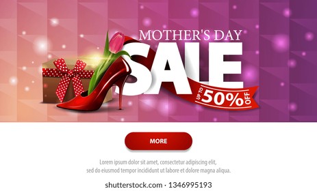 Happy mother's day, purple discount banner with button, frame for text and women's Shoe with tulips inside