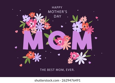 Feliz Dia das Mães Mães Roxo Mamãe Lettering com Flor Colorida. A Melhor Mãe De Todos Os Tempos. Ilustração do plano de fundo do vetor.