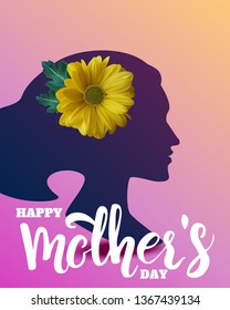 Happy mother's day quote, background with female profile and yellow realistic flower, design template for greeting cards, banners and posters