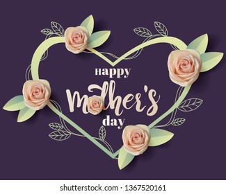 Happy mother's day quote, background with heart shape realistic roses and hand written lettering, greeting card design template
