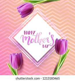 Happy Mother's day quote, hand written lettering with square frame and purple tulips, vector illustration