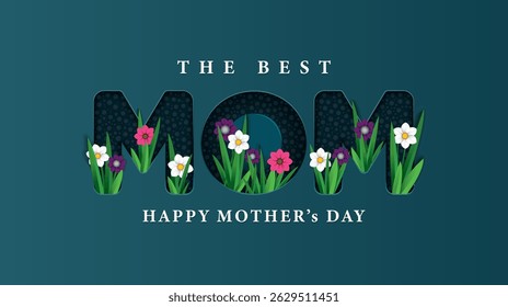 Happy mother's day realistic engraved illustration with white, pink and purple flowers vector