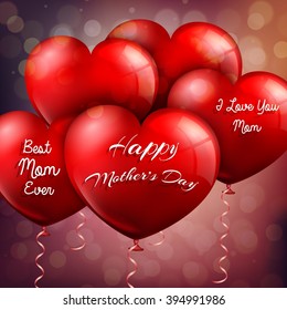 Happy Mothers Day with red balloons hearts.Vector