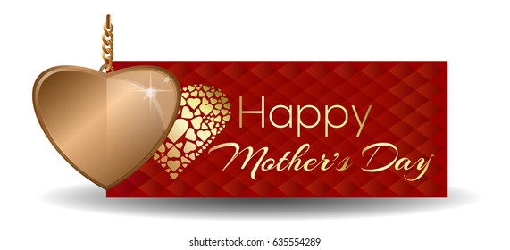Happy Mothers Day. Red greeting card with golden heart. Vector illustration