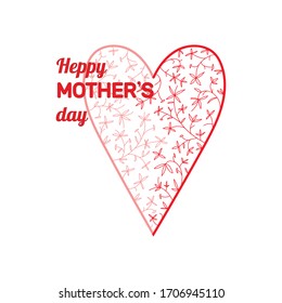 Happy Mother's Day. Red heart with stems and flower petals, congratulation, vector illustration. Suitable for design postcard, banner, poster.
