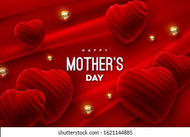 Happy Mothers Day. Red velvet heart shapes with golden beads on red fabric background. Vector holiday illustration. Mother day festive event banner. Poster design. Realistic 3d decoration