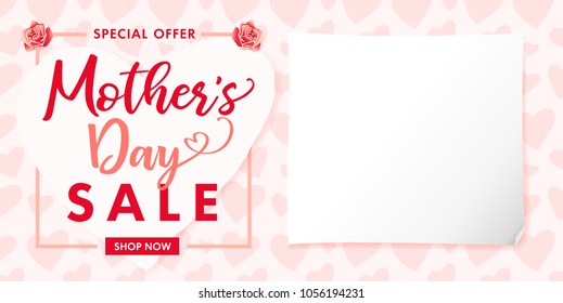 Happy Mother`s Day rose flower and hearts sale banner. Special offer Sale lettering background for the Mother's Day. Best mom ever greeting card