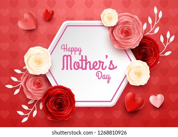 Happy Mother's Day with rose flowers and hearts background