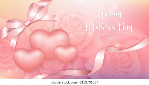 Happy mother's day rose pink ribbon and love heart with bokeh shinning flower background