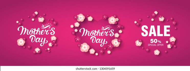 Happy Mother`s Day Sale banner with Flowers background. Hand drawn text Mothers Day. Template for Happy Mother's day, invitation, greeting card, postcard. Vector illustration