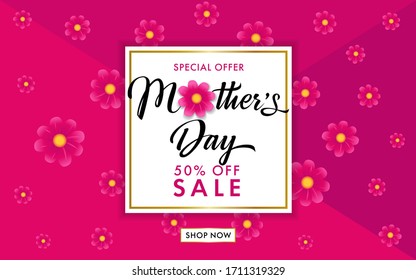 Happy Mothers Day sale banner with flowers on pink background. Vector rose color chamomile blossom decoration for Mother's day special offer shopping poster. Best Mom ever