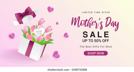 Happy Mother's Day Sale Banner vector illustration. Pink tulips bouquet in surprise gift box.	