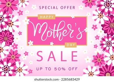 Happy Mother's Day sale banner with pink and white flowers. Elegant hand written lettering on pink background. Vector illustration for poster or banner design. 