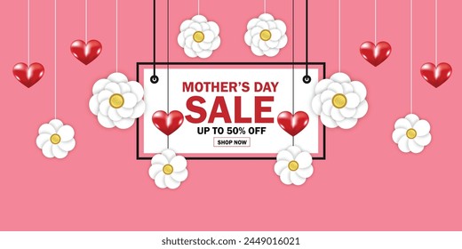 Happy Mother's Day Sale Banner vector illustration. flowers with heart on pink background
