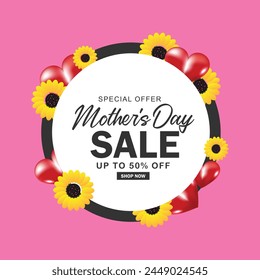 Happy Mother's Day Sale Banner vector illustration. Daisy flowers with  heart on pink background