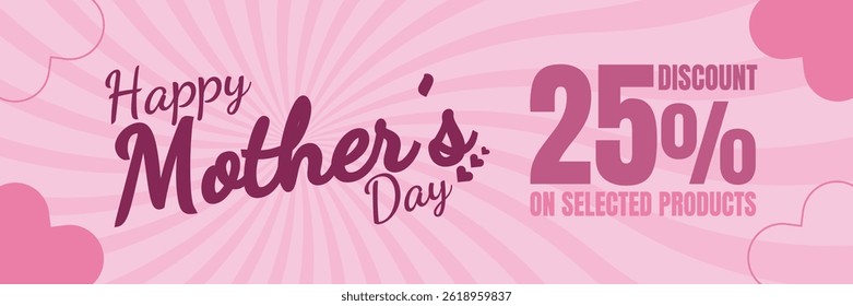 Happy Mother's Day Sale Banner with 25% Discount, Pink Sunburst Background and Heart Accents
