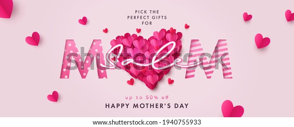 Happy Mothers Day Sale banner. Holiday background\
with big heart made of pink and red Origami Hearts on soft pink\
background. Modern design for poster, flyer, greeting card, header\
for website