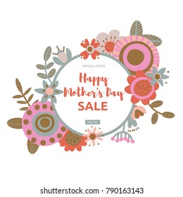 Happy Mother's Day Sale. Folk floral wreath ornament. Pattern background. Folk art flowers. Bouquet of flowers, leaves. Scandinavian nordic print. Flat cartoon clipart. Spring vector illustration.