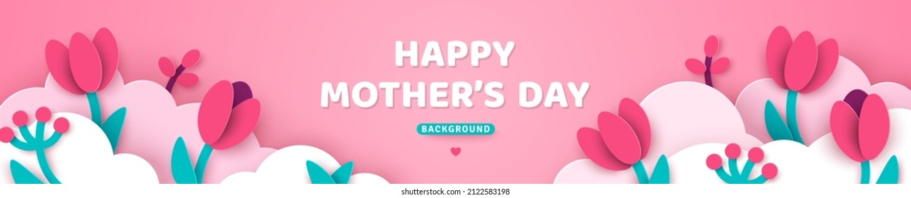 Happy Mother's day sale header or voucher template with tulips. Horizontal banner with pink sky, flowers and paper cut clouds. Place for text. Women's day spring border frame, cute promo card.