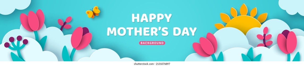 Happy Mother's Day Sale Header Or Voucher Template, Tulips And Paper Cut Clouds. Horizontal Banner With Blue Sky And Flowers. Place For Text. Women's Day, 8 March Spring Border Frame, Promo Card