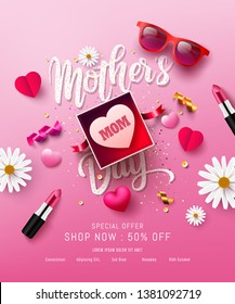 Happy Mother's Day Sale Poster or banner with gift box,lipstick,sweet heart and lovely items.Happy Mother's Day.Trendy Design Template for Mother's Day and love concept.Vector illustration EPS10