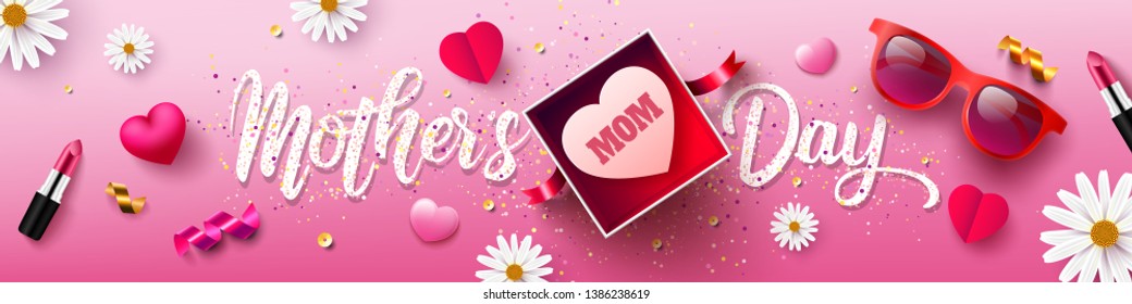 Happy Mother's Day Sale Poster or banner with gift box and sweet heart.Happy Mother's Day.Trendy Design Template for Mother's Day and love concept.Vector illustration EPS10