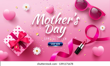 Happy Mother's Day Sale Poster or banner with love gift box and sweet heart.Happy Mother's Day.Trendy Design Template for Mother's Day and love concept.Vector illustration EPS10