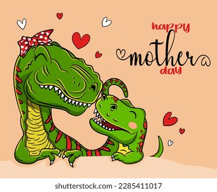 Feliz Día de la Madre, Mommy T-Rex y Baby Dinosaurus con Mini Hearts T-Shirt Design para el Día de la Madre EPS. Diseño del personaje de la ilustración del vector de archivos Doodle Funny estilo de caricatura 