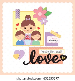 Happy Mother's Day scrapbooking template. Cartoon mother with daughter and son. Vector illustration.