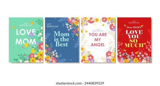 Happy mothers day set with beautiful flower for labels, social media, cover, banner and cards. vector illustration