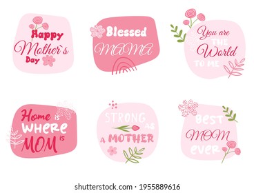 Feliz Día de la Madre. La mejor mamá de todos los tipos. Tarjetas de saludo de color rosa primavera para Mommy Holiday. Etiquetas con cita para la fiesta de la madre con flores. Frase de invitación con texto Mama.