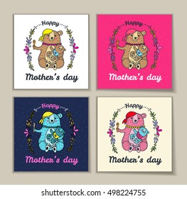 Happy Mother's Day set of card. Vector illustrated poster with bear characters.