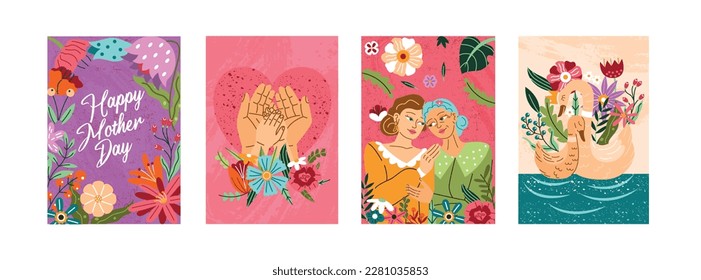 Feliz día de las madres. Colección de diseño para tarjeta de felicitación. Afiches con cisnes abrazados, madre e hija, flores de primavera y palmas. Ilustraciones de caricaturas de vectores planos aisladas en fondo blanco