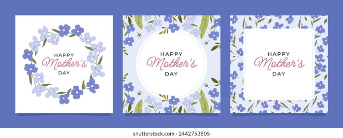 Feliz Día de la Madre. Conjunto de tarjetas de colores con flores y hojas. Plantillas de diseño para postal, banner, póster. Ilustraciones vectoriales planas.