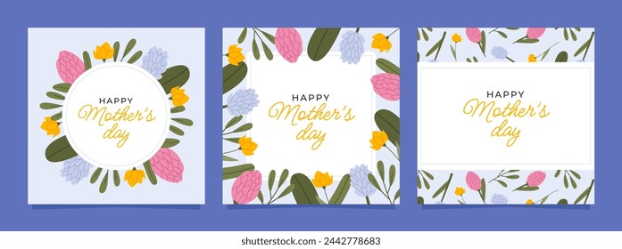 Feliz Día de la Madre. Conjunto de tarjetas de colores con flores y hojas. Plantillas de diseño para postal, banner, póster. Ilustraciones vectoriales planas.