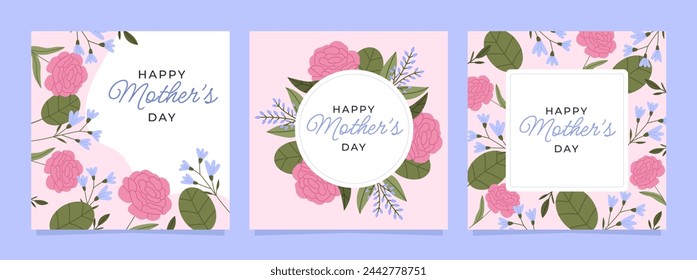 Feliz Día de la Madre. Conjunto de tarjetas de colores con flores y hojas. Plantillas de diseño para postal, banner, póster. Ilustraciones vectoriales planas.