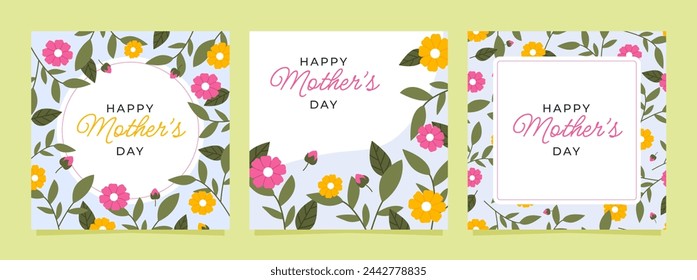 Alles Gute zum Muttertag. Set von bunten Karten mit Blumen und Blättern. Designvorlagen für Postkarte, Banner, Poster. Flache Vektorillustrationen.